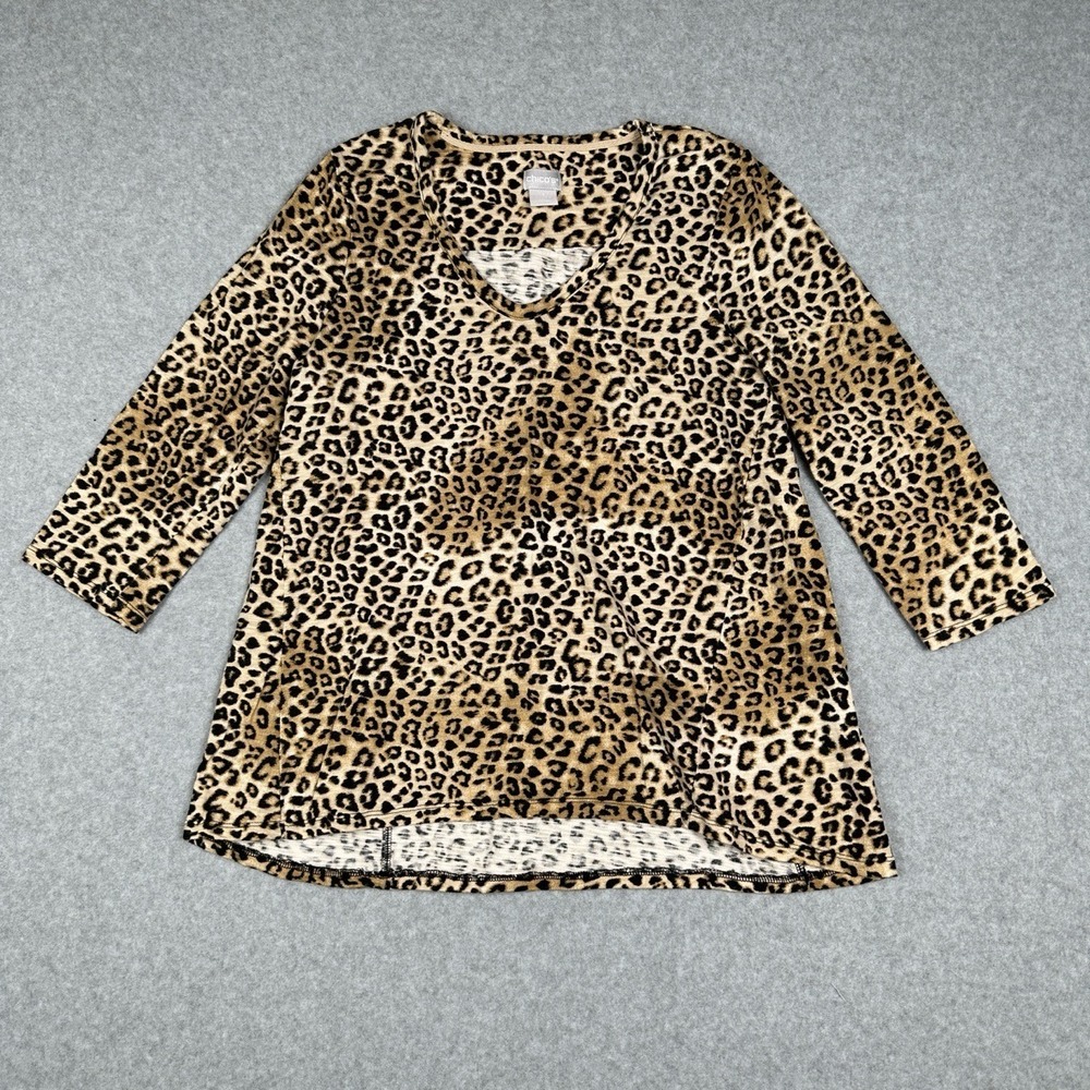 Chico's Top Womens 1 US M Leopard V-Neck 3/4 Sleeve Animal Print Tee Blouse Work